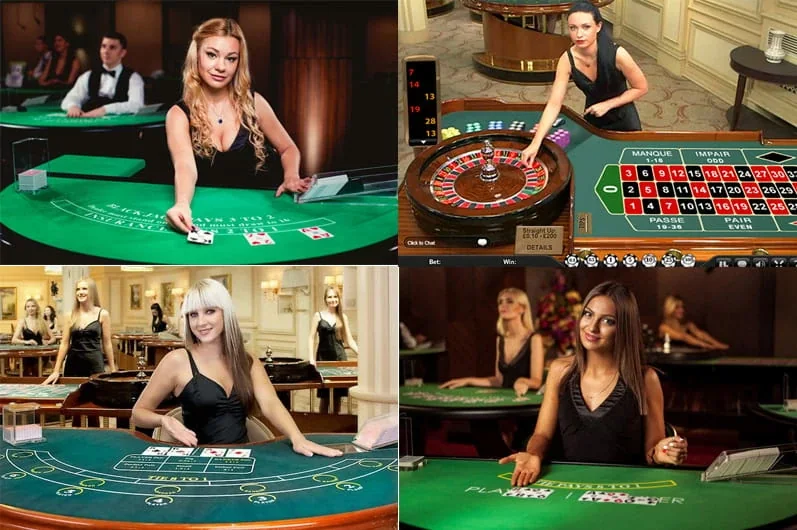 Ruang permainan kasino live dengan meja roulette dan dealer
