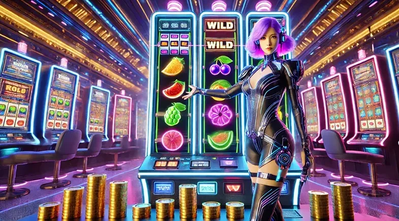 Layar slot mobile dengan reel, tombol putar, dan panel permainan